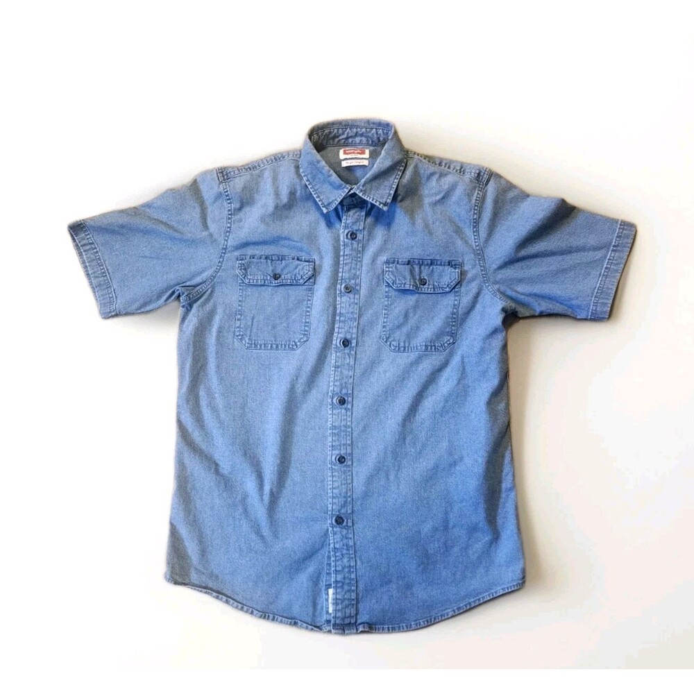 Wrangler Denim Shirt Men's Med. Blue Flex for Comfort Short Sleeves Button Front
